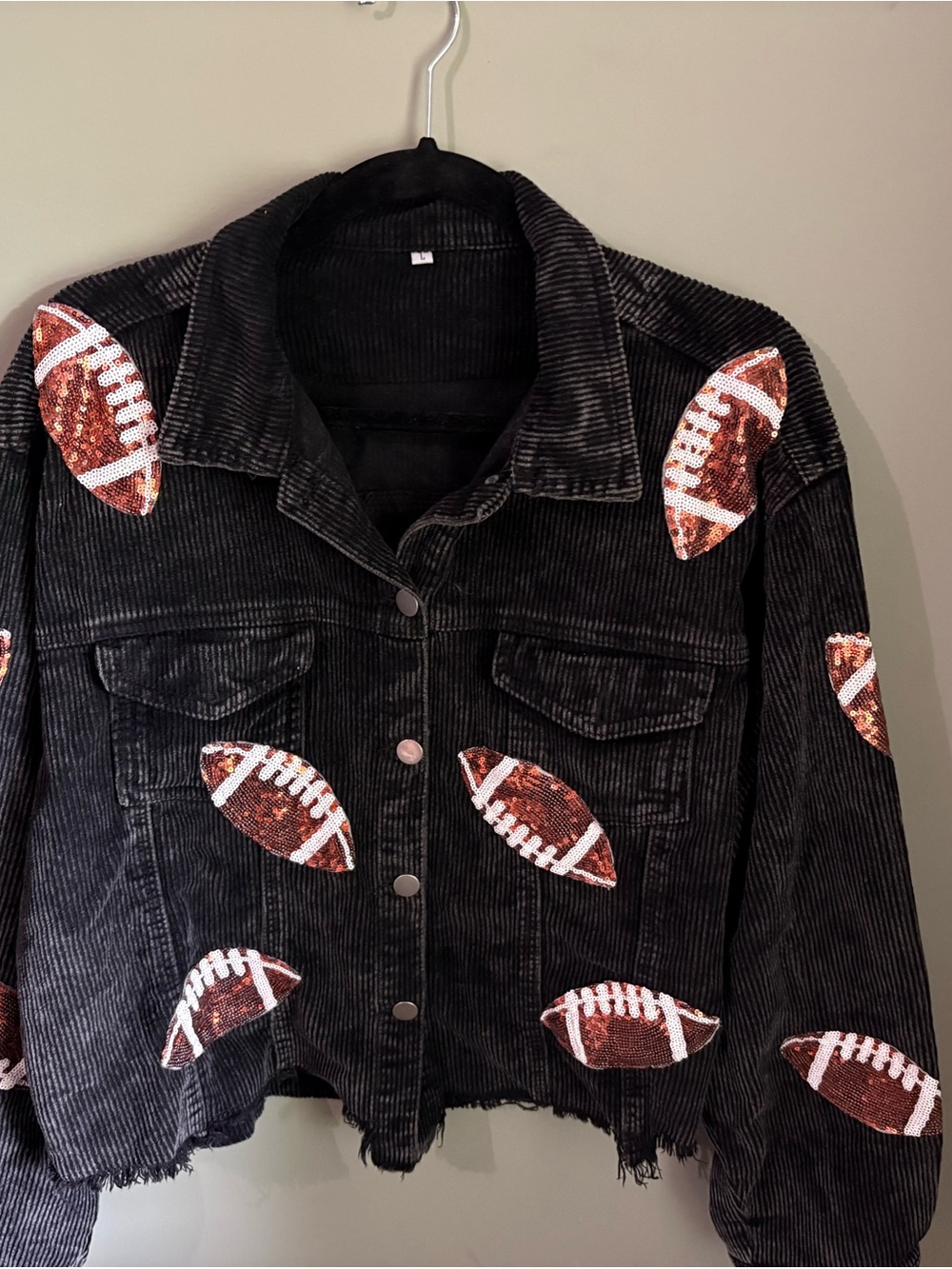 Black Corduroy Jacket with Sequin Football Appliqués